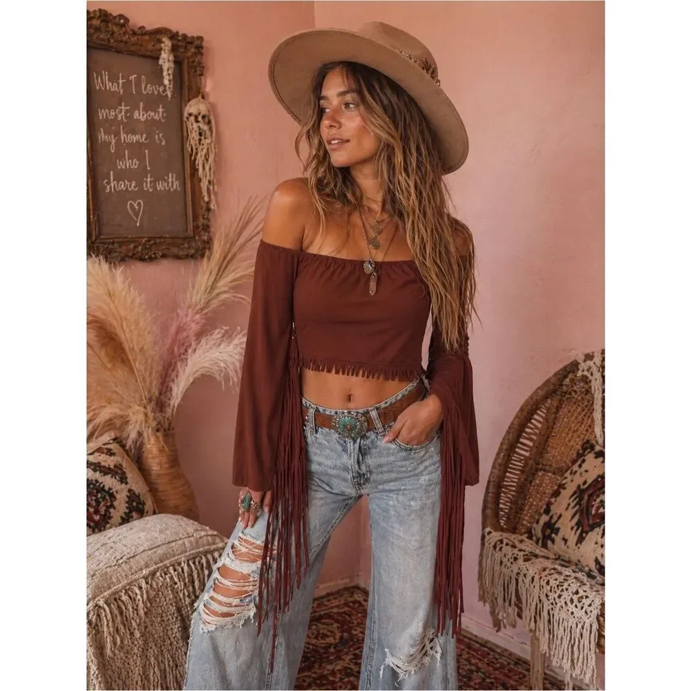 Anthropologie Rust Brown Off-Shoulder Fringe Bell-Sleeve Crop Top